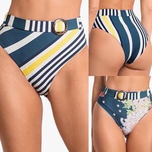 Maaji Green Striped/Floral High Rise Reversible Bikini Bottom Sz M
